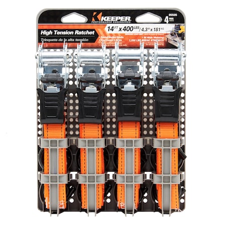 Keeper 14'X1" Ratchet Tie-Down, Orange, S-Hooks, 400Lbs WLL, PK4 5505